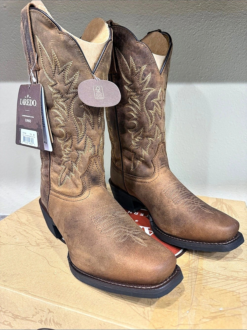 Laredo 11 Tan Distressed Square Toe Western Boot Western Embroidered Heeled